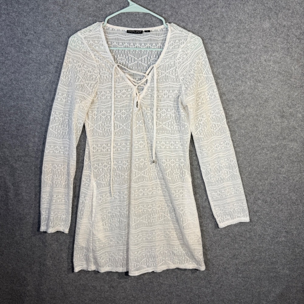 Catalina White Lace Crochet Long‎ Sleeve Tunic Cover Up Dress Size S